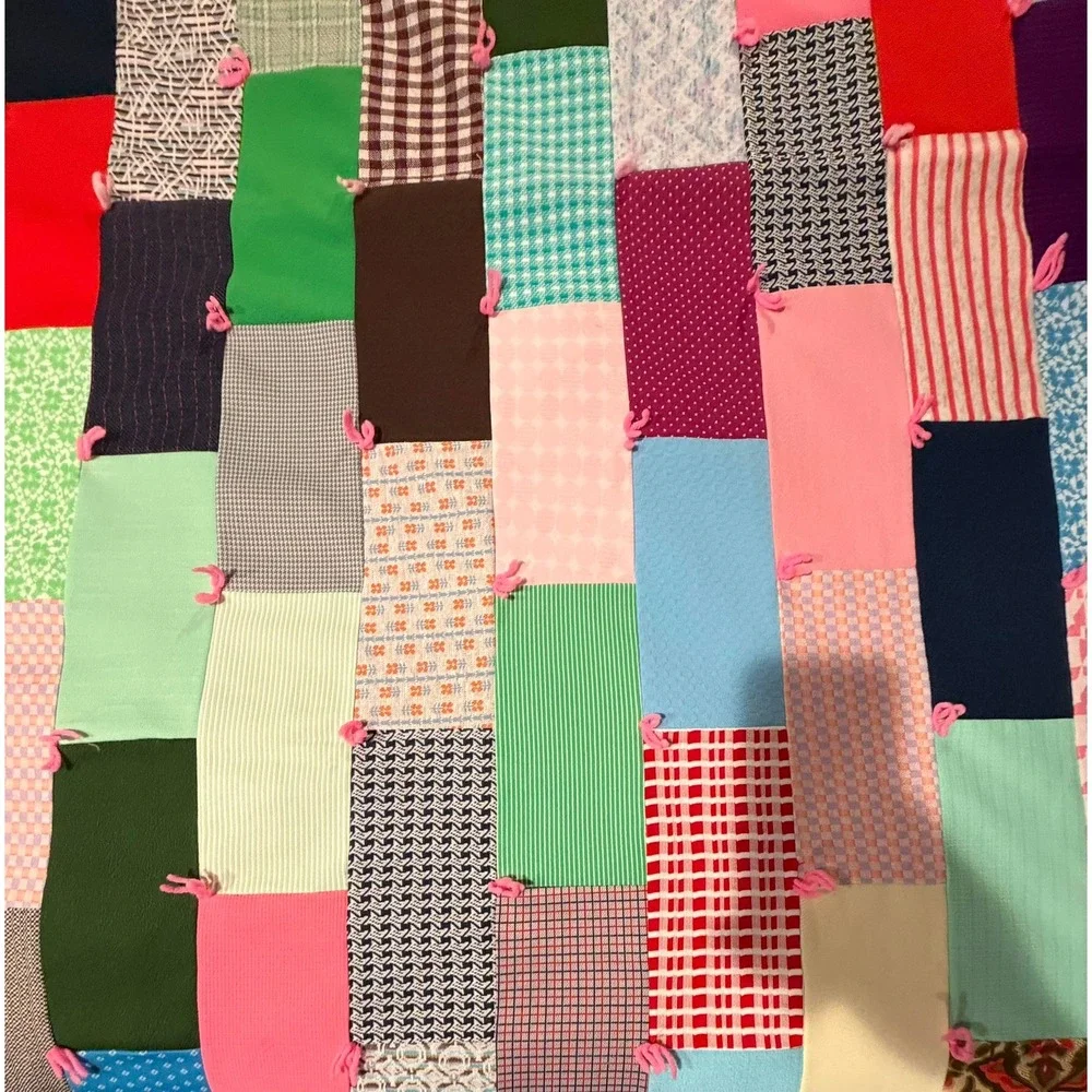 Vintage Handmade Patchwork Tied Quilt Multi Color Scrap‎ Blanket Pink Backing